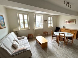 Pièce de vie avec coin salon (canapé convertible pour 2 personnes), coin séjour et coin cuisine ouverte.