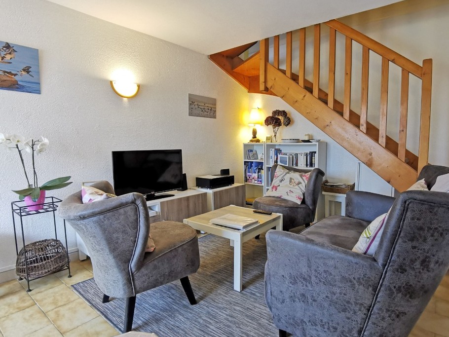 Salon avec TV, coin bibliothèque