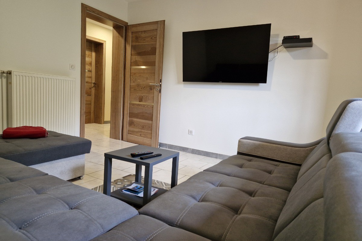Salon avec canapé panoramique et TV - Gîte de la Haute Hardoye (14 pers) dans les Vosges