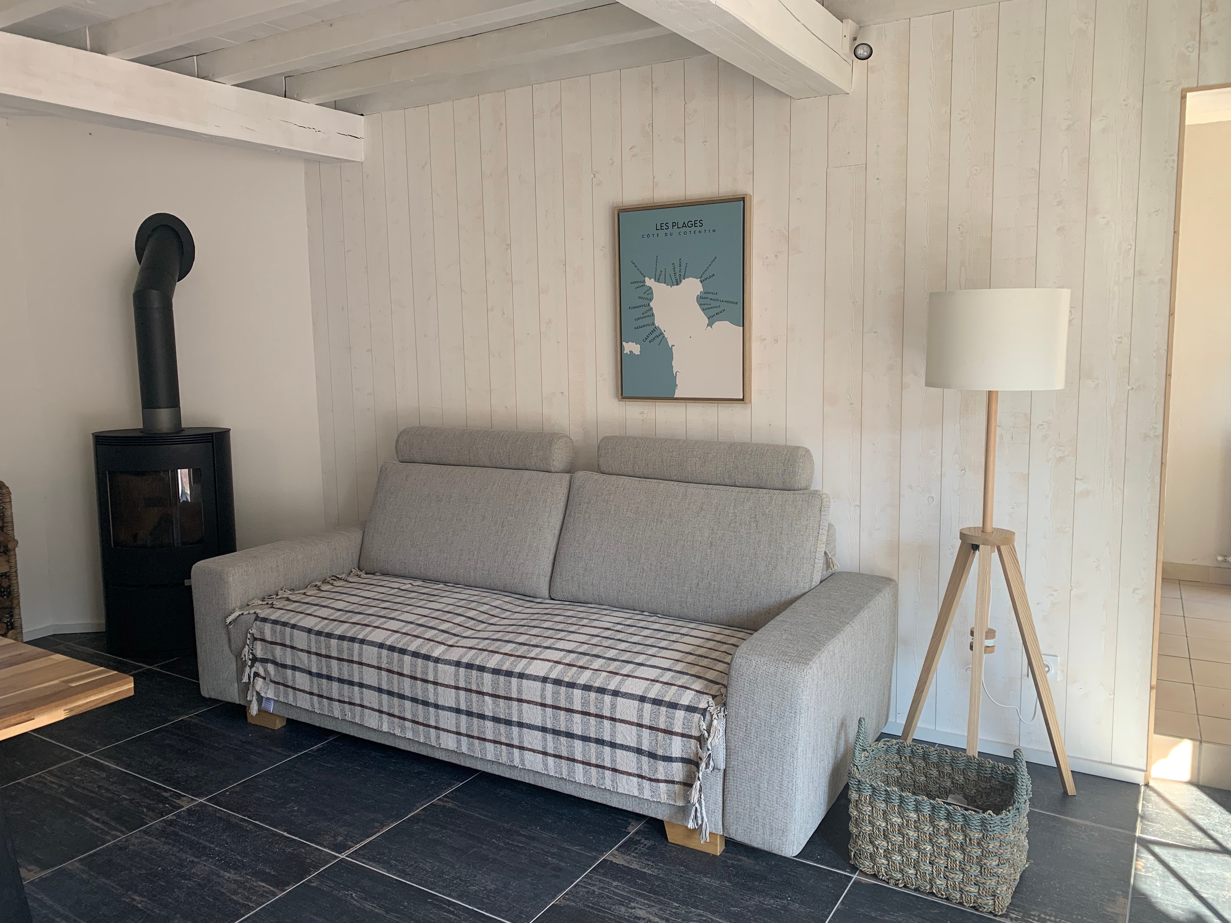 living room with wood-burning stove