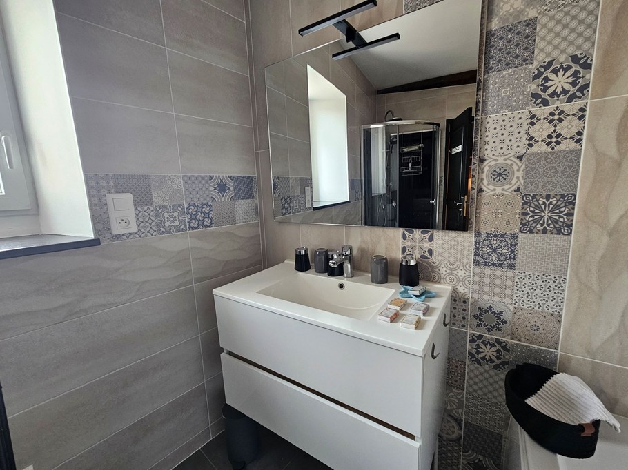 The bathroom with shower and toilet on the 1st floor of the Logis de La Passerelle in Port d'Envaux