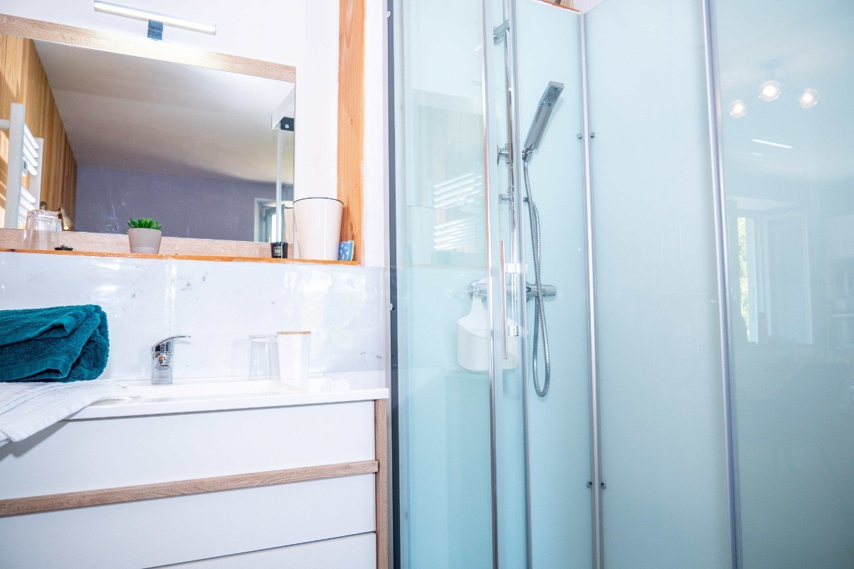 salle de  douche ouverte sur la chambre mais wc séparé