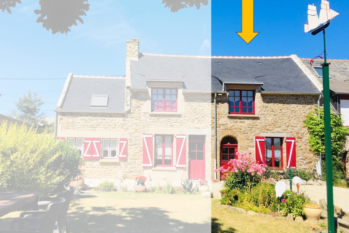 Semi-detached house in an old farmhouse in a quiet hamlet on the Pointe du Grouin in Cancale. Long garden