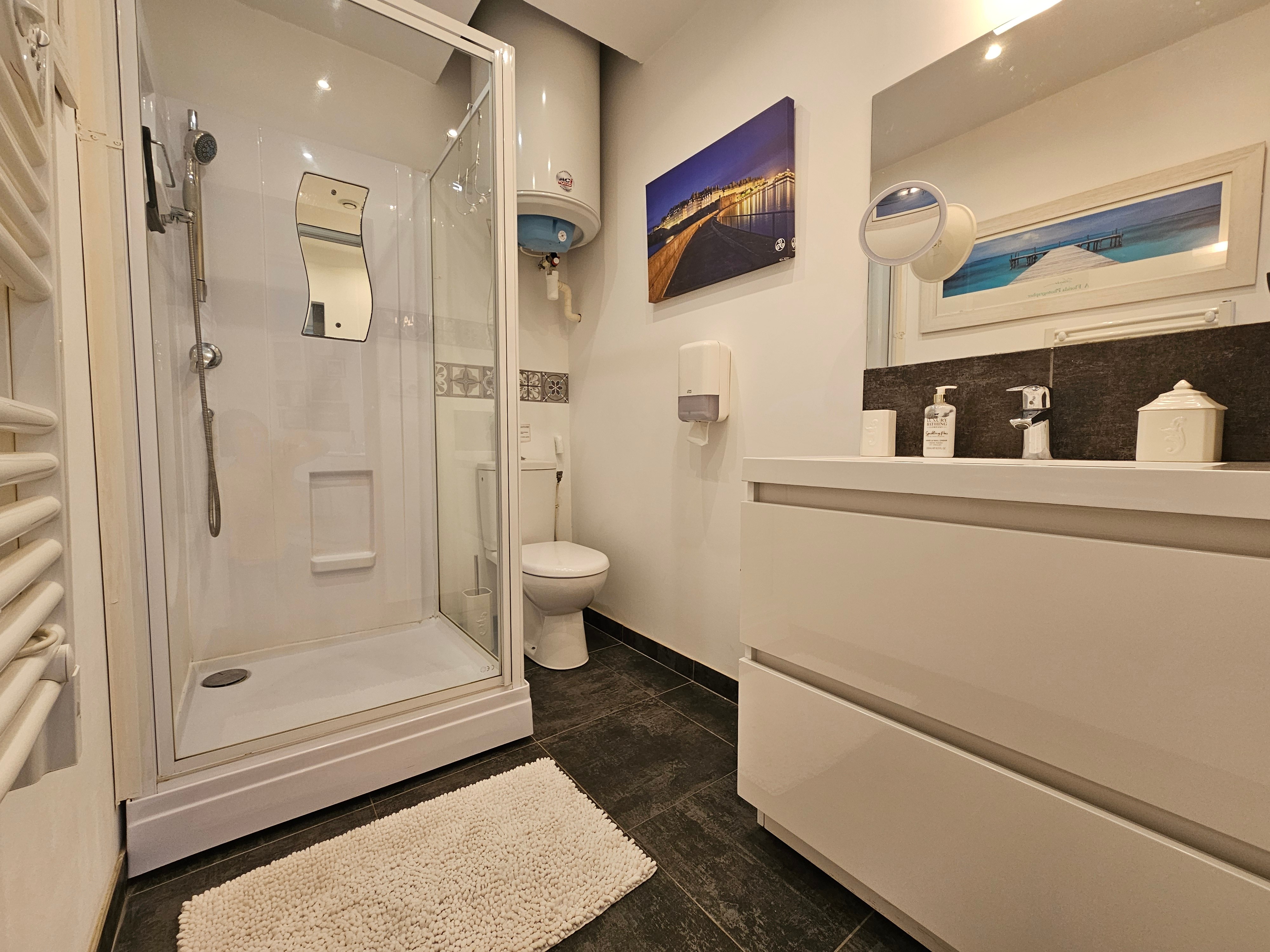 Salle d'eau avec meuble vasque, radiateur sèche serviette, douche grande dimension et WC, attenants à la chambre