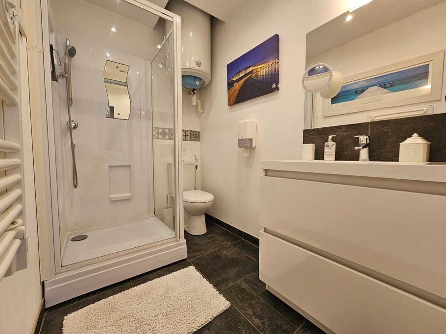 Salle d'eau avec meuble vasque, radiateur sèche serviette, douche grande dimension et WC, attenants à la chambre