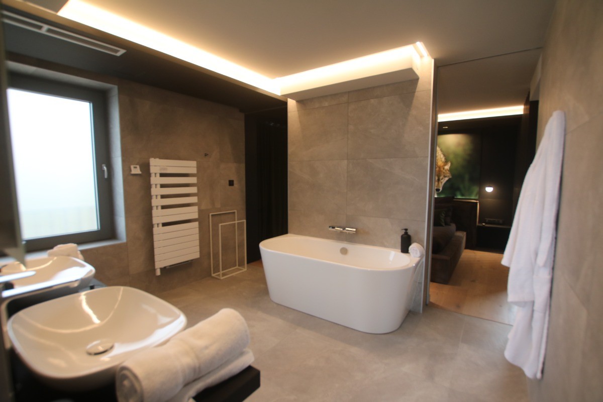 Salle d'eau dans la chambre n°1 - La Loge aux Loups, maison contemporaine avec piscine intérieure, sauna, local vélo, à 100 m du lac