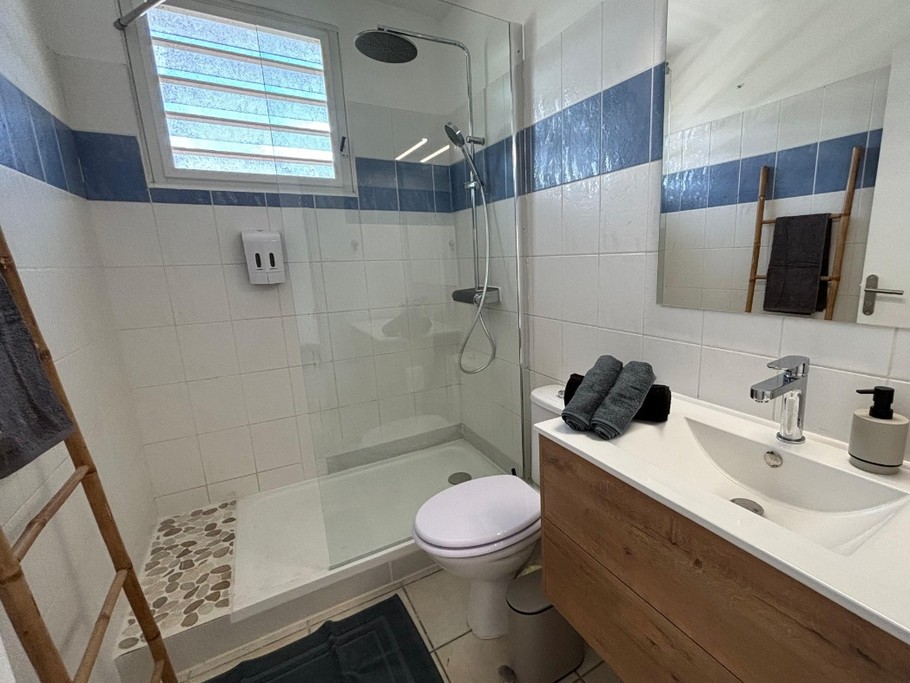 Salle d'eau (douche à l'italienne) et produits fournis marque COSTYL (shampoing et gel douche)