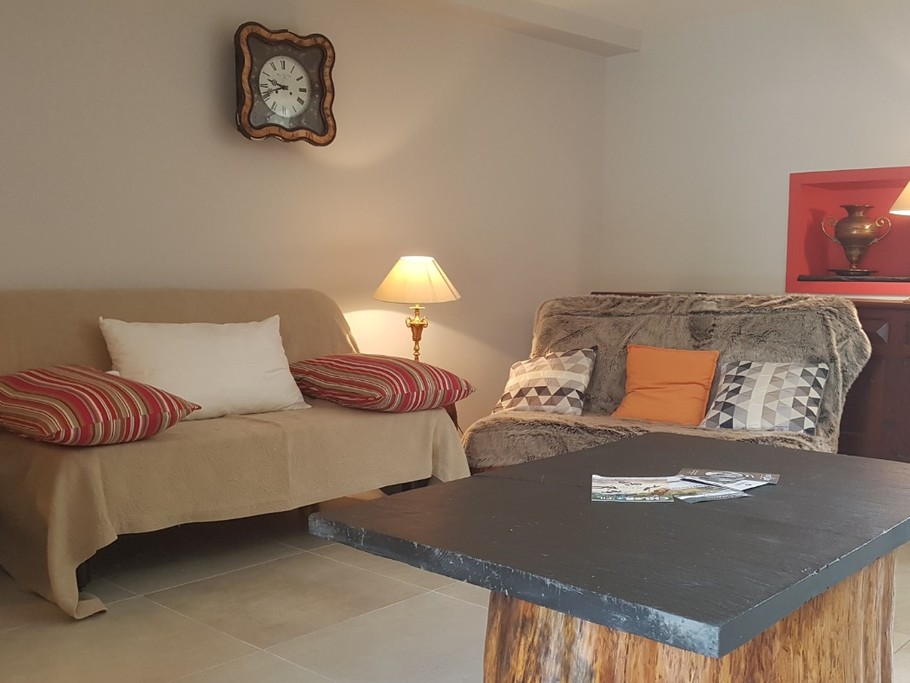 Salon convivial avec bibliothèque et TV