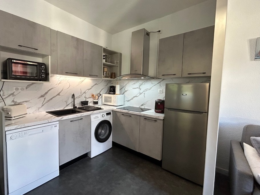 Coin cuisine avec combi frigo congélateur, lave-vaisselle, lave-linge, micro-ondes, mini four
