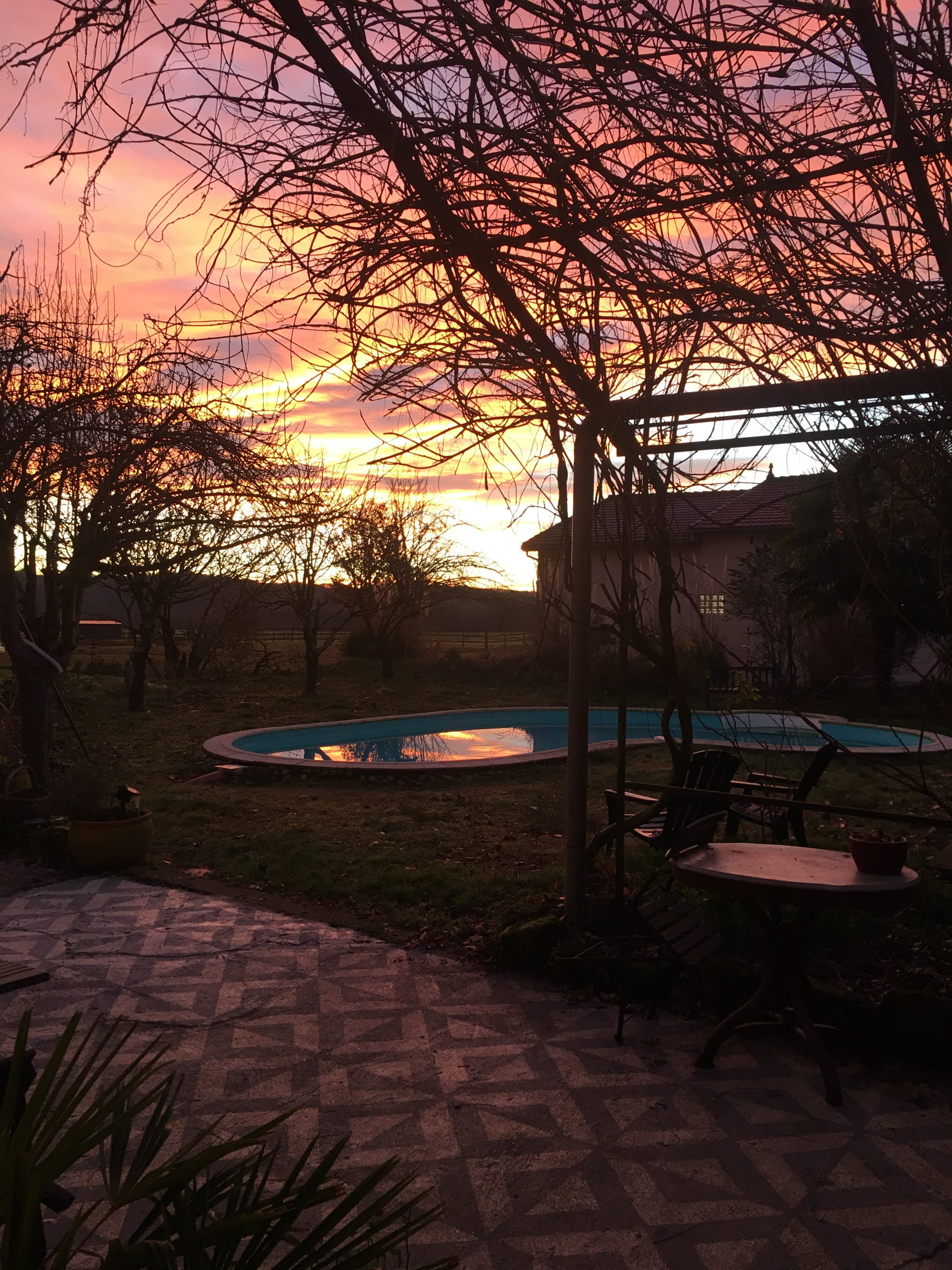 Early morning view from the terrace and pool in winter