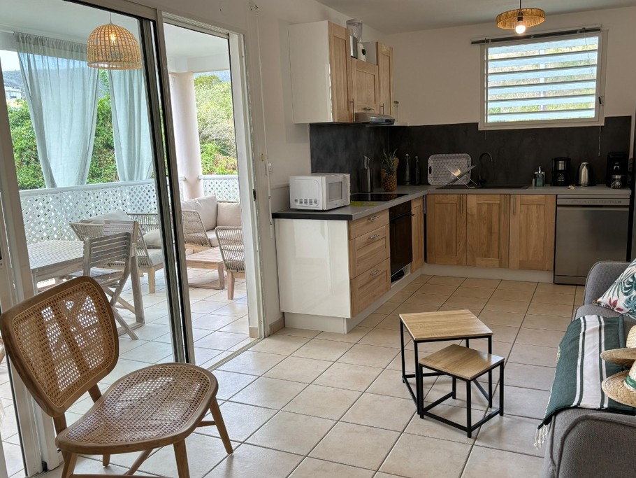 Vue d'ensemble : salon et cuisine aménagée