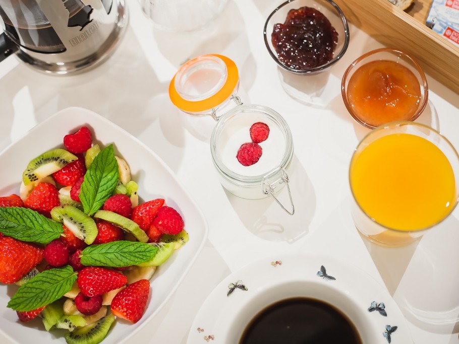 Breakfast under the pergola in fine weather, using only fresh, seasonal produce.