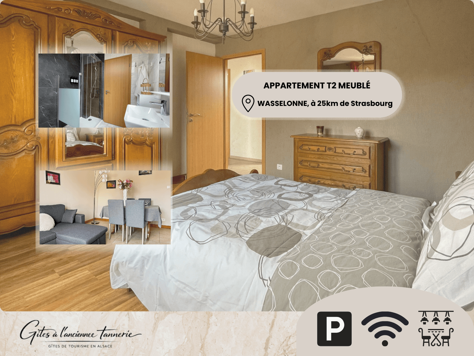 Appartement T2 meublé tout confort aux Gîtes à l'Ancienne Tannerie à Wasselonne (25 km de Strasbourg). Chambre spacieuse, salon-séjour lumineux, salle d'eau moderne, parking gratuit et Wi-Fi inclus.