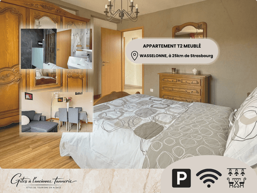 A fully furnished, comfortable one-bedroom flat at Les Gîtes à l’Ancienne Tannerie in Wasselonne (25 km from Strasbourg). Spacious bedroom, bright living room, modern shower room, free parking and Wi-Fi included.