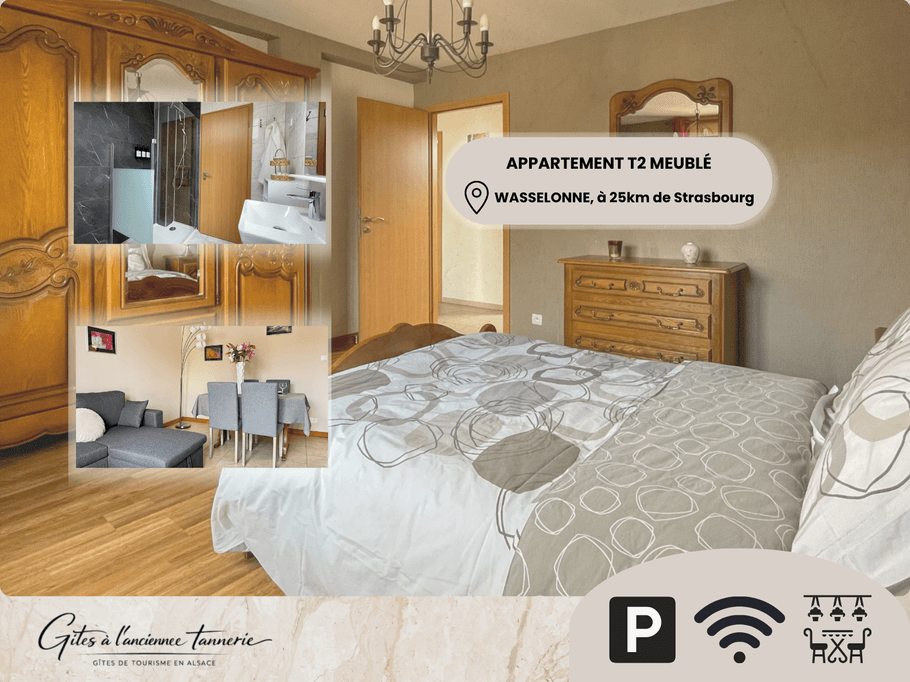 A fully furnished, comfortable one-bedroom flat at Les Gîtes à l’Ancienne Tannerie in Wasselonne (25 km from Strasbourg). Spacious bedroom, bright living room, modern shower room, free parking and Wi-Fi included.