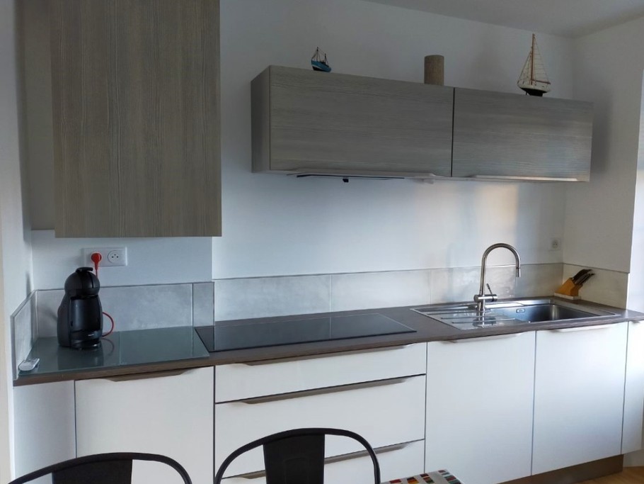Cuisine ouverte et toute équipée : lave-vaisselle, four, micro-ondes, plaques induction, cafetière expresso, mixeur plongeant, etc.
