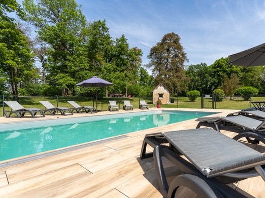 Grande piscine chauffée de 10 m X 5 m (profondeur 1,5 m)
Espace détente de 150 m2, bains de soleil...
Parc 3 hectares