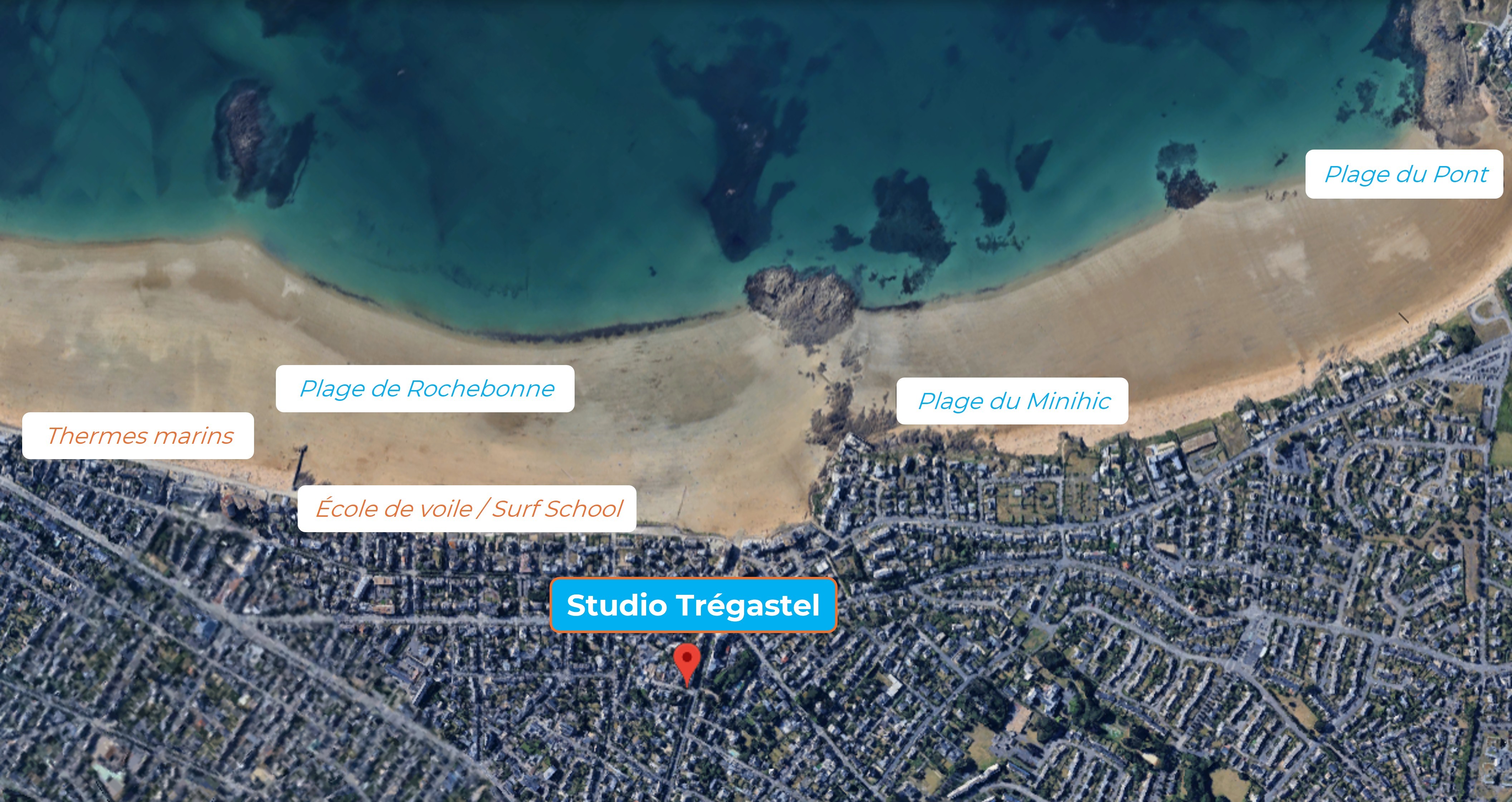 Satellite view of Studio Trégastel. Close to beaches, shops, sailing and surfing school, Saint-Malo marine thermal baths.