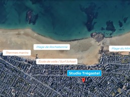 Satellite view of Studio Trégastel. Close to beaches, shops, sailing and surfing school, Saint-Malo marine thermal baths.