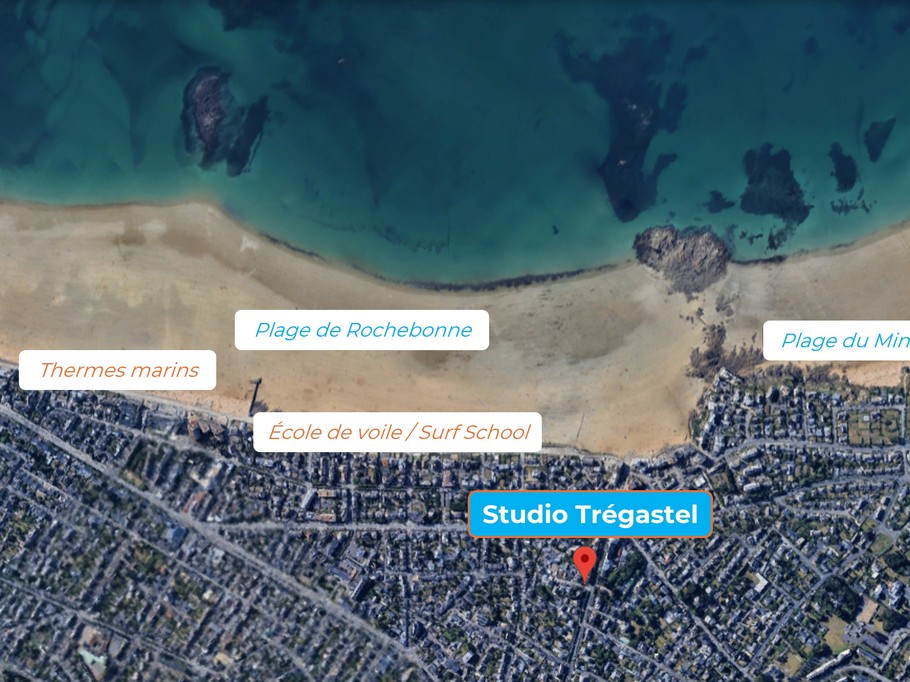 Satellite view of Studio Trégastel. Close to beaches, shops, sailing and surfing school, Saint-Malo marine thermal baths.
