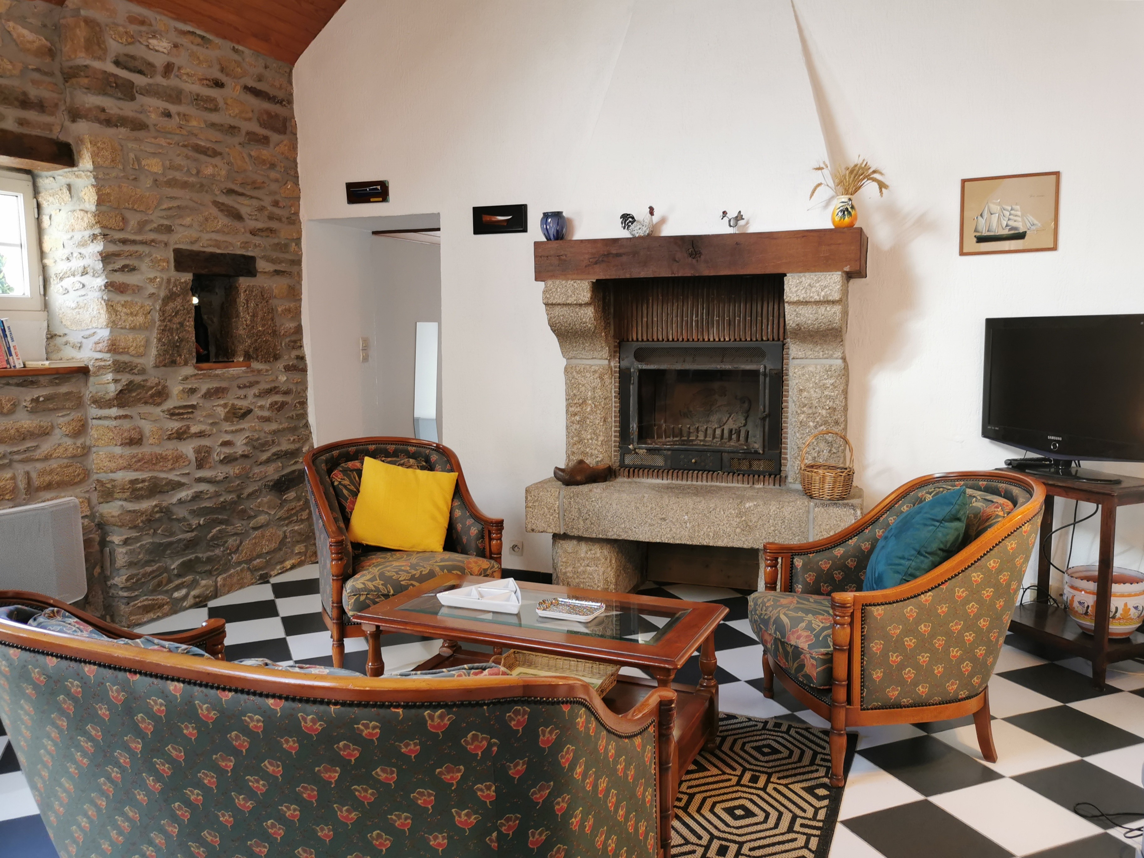 salon avec cheminée décorative