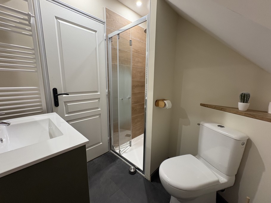 Salle d'eau à l'étage avec meuble vasque, douche grande dimension et WC