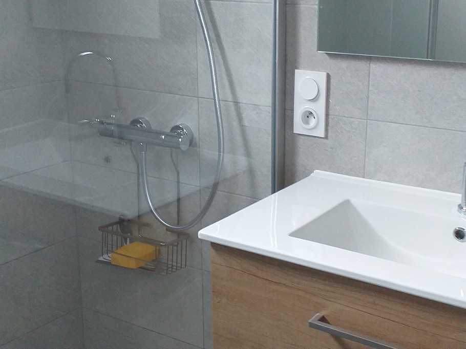 Fully refurbished bathroom with a large shower and vanity unit. Separate toilet.