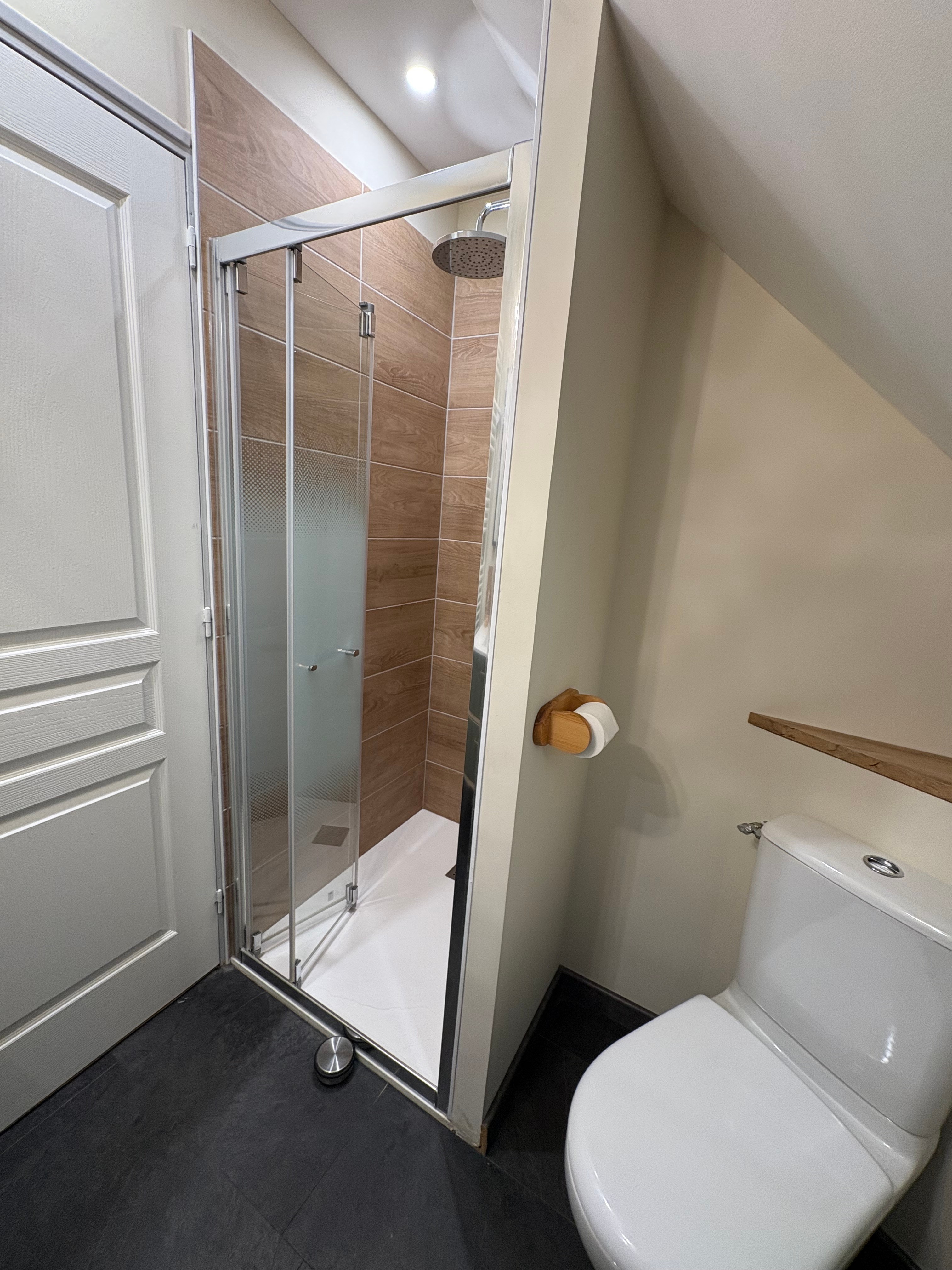 Salle d'eau à l'étage avec meuble vasque, douche grande dimension et WC