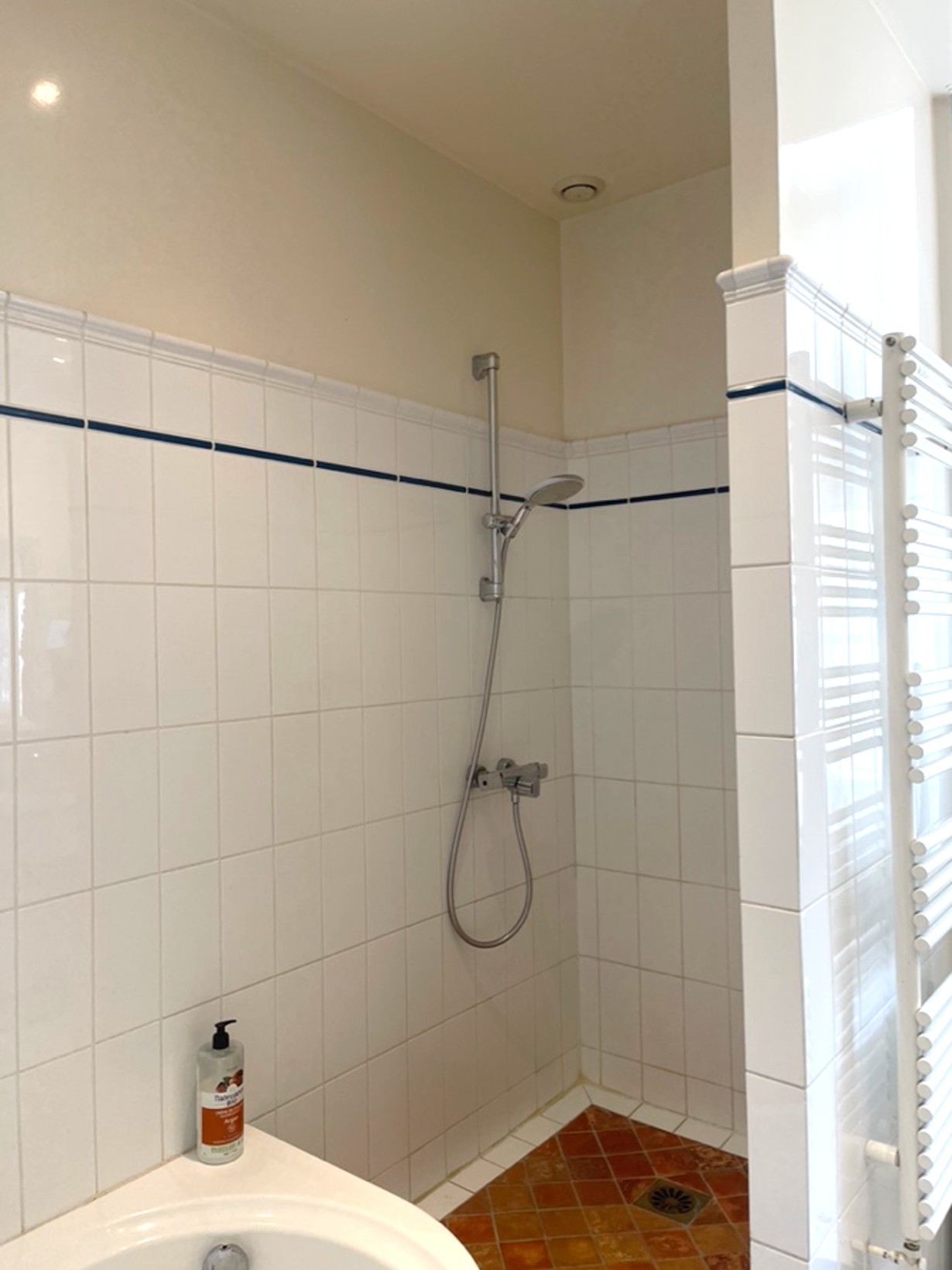 Bathroom with whirlpool bath, large shower and double washbasin unit.  Separate WC.