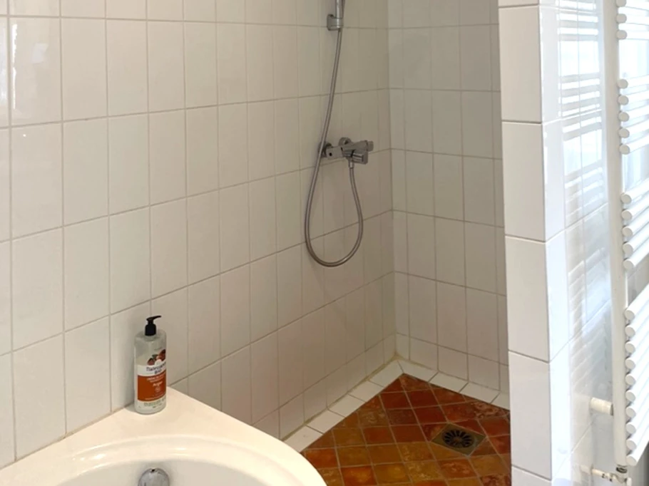Bathroom with whirlpool bath, large shower and double washbasin unit. Separate WC.