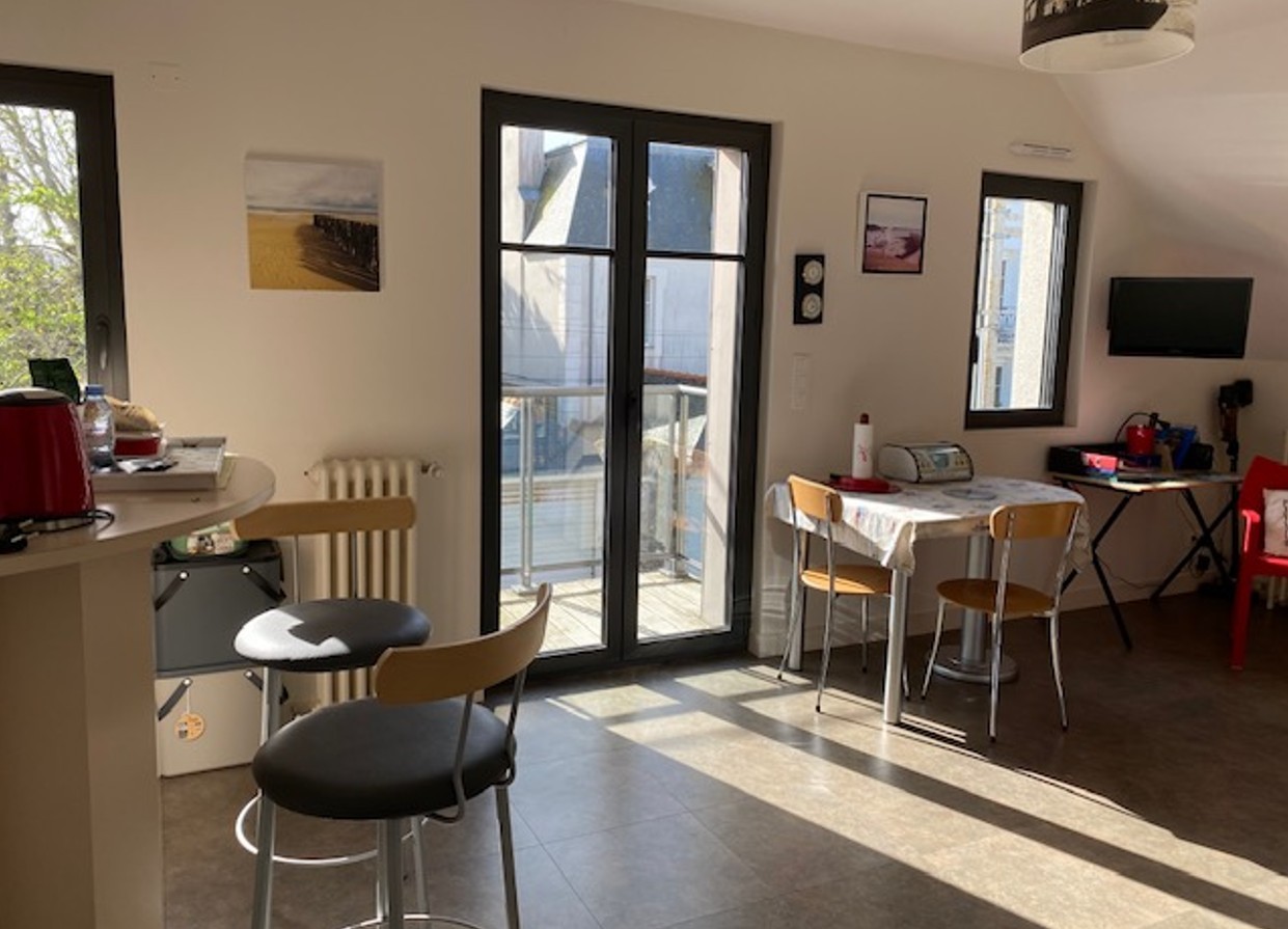 Studio with kitchenette on the left, comfortable convertible sofa bed 160 x 200 cm, dining table, desk, TV, storage space, private shower room and WC.