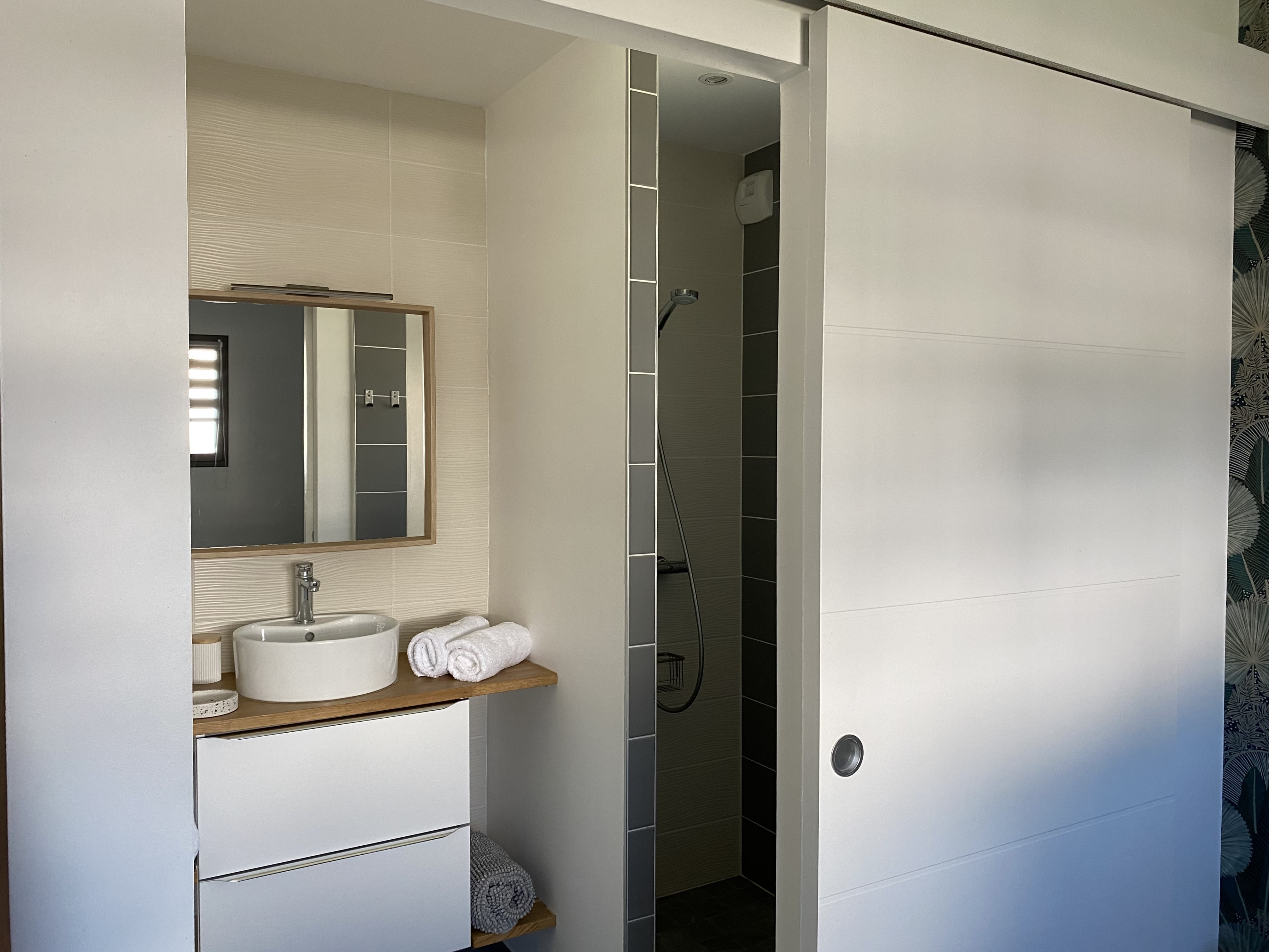 Salle de bain attenante à la chambre avec douche