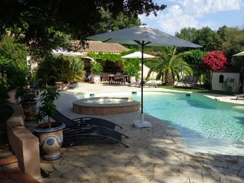 vue d'ensemble de la piscine, cuisine d'été en arrière-plan