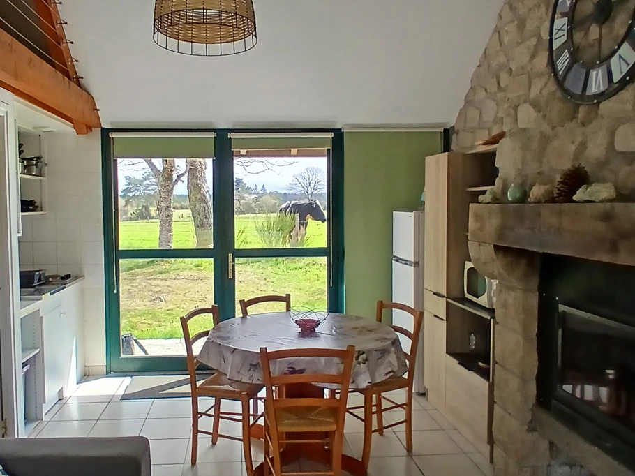 Etang de Farges, Saint Germain près Herment, Chalet vert - Pièce de vie avec cheminée et canapé convertible dans le salon