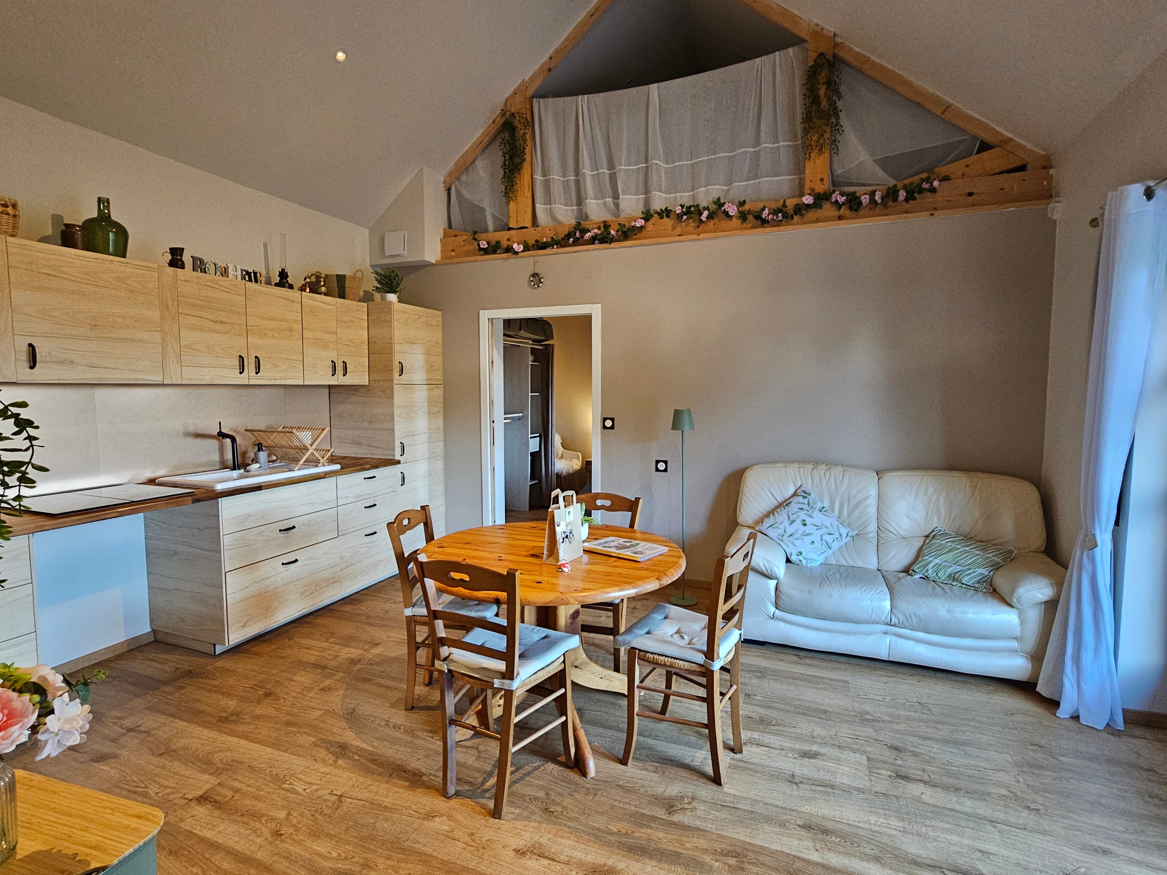 Open-plan living area with a fitted kitchen, lounge and dining table.