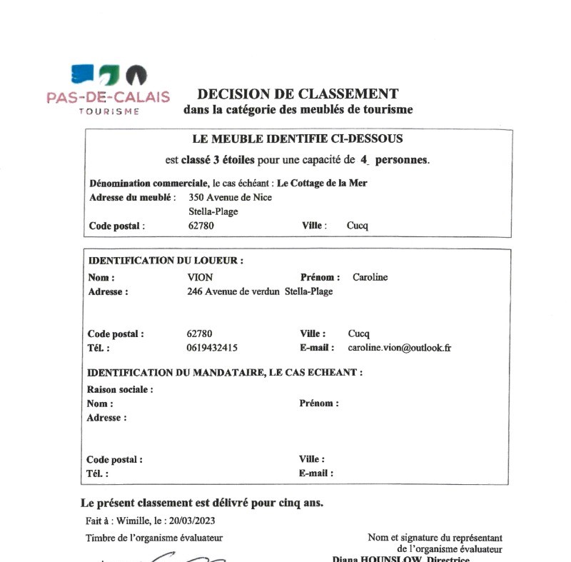 Décision de classement 3 étoiles