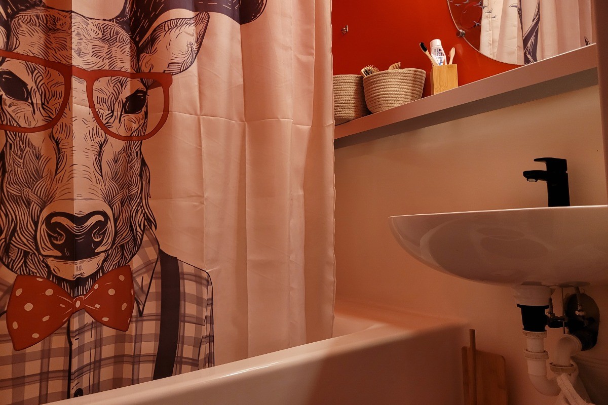 Téléphérique du Bonheur, la salle de bain avec baignoire lavabo et WC