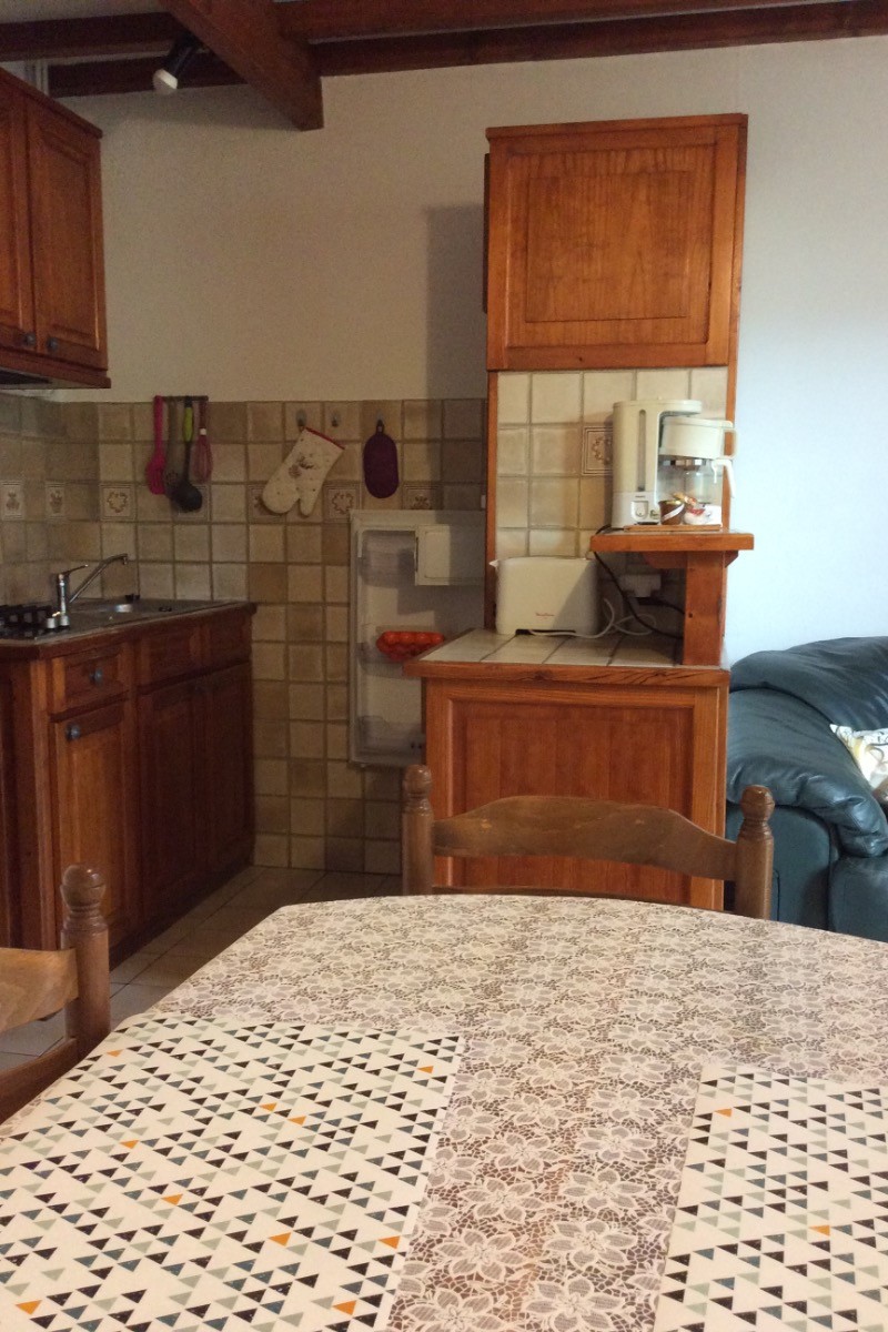 cuisine équipée réfrigérateur, four micro-onde, cafetière, grille-pain, bouilloire.