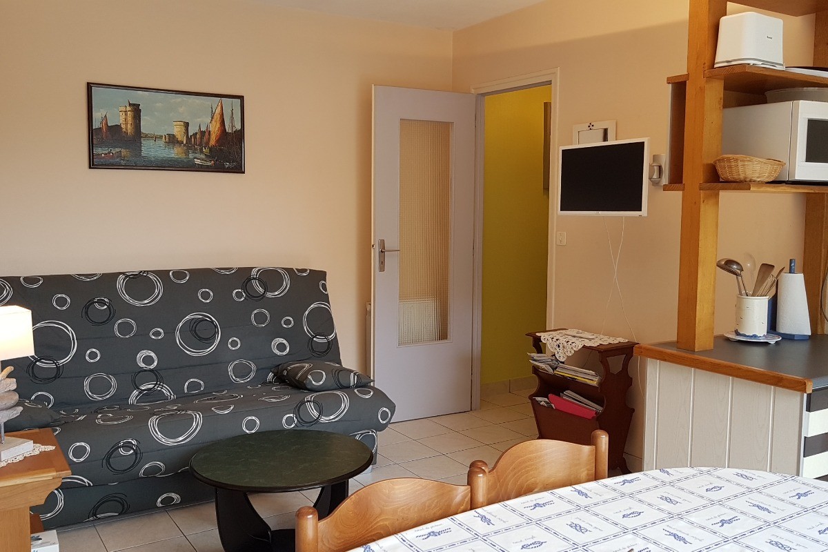 L'espace salon avec couchage sur le canapé convertible - Appartement "Le Beaulieu"