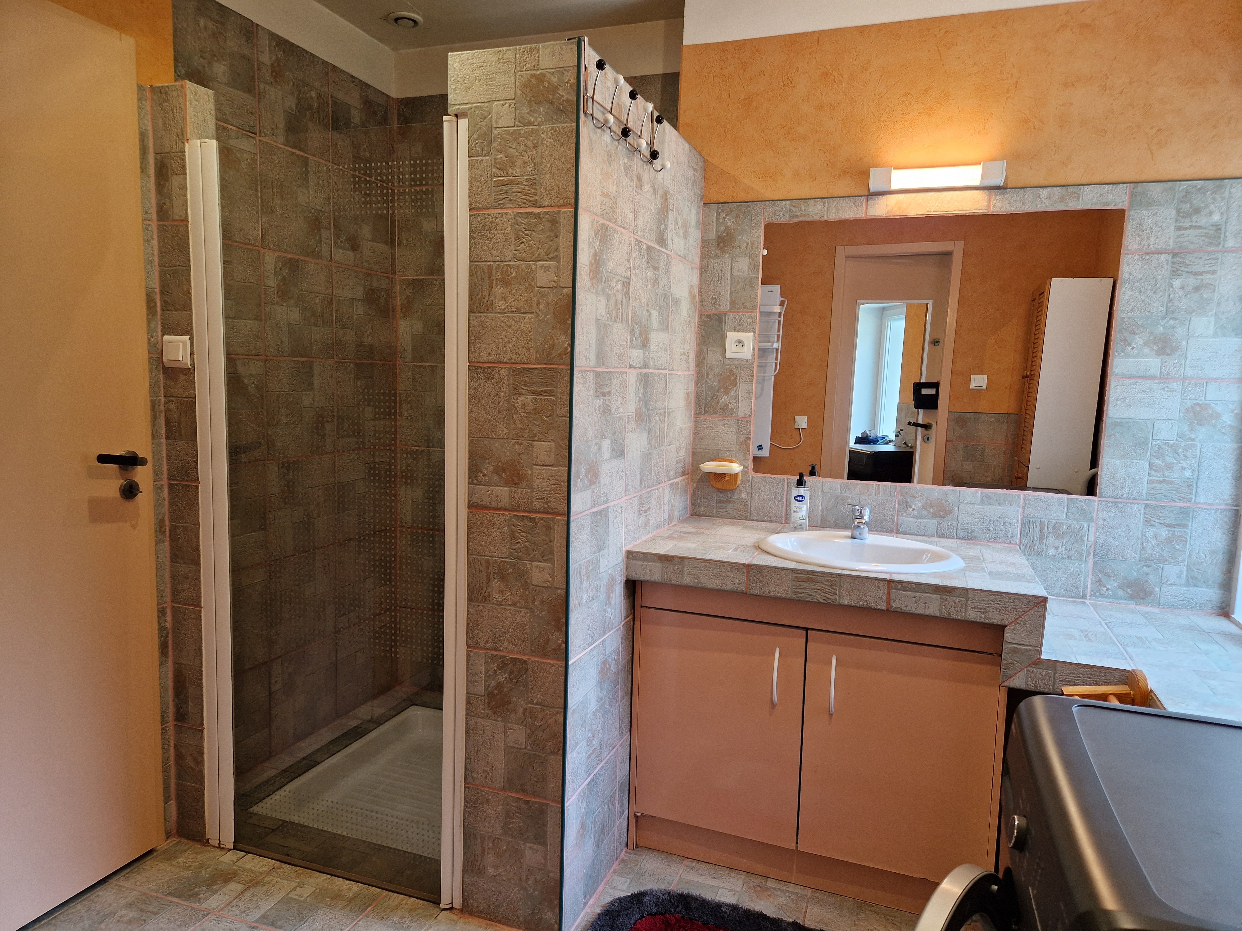 Salle d'eau avec douche et lave-linge
