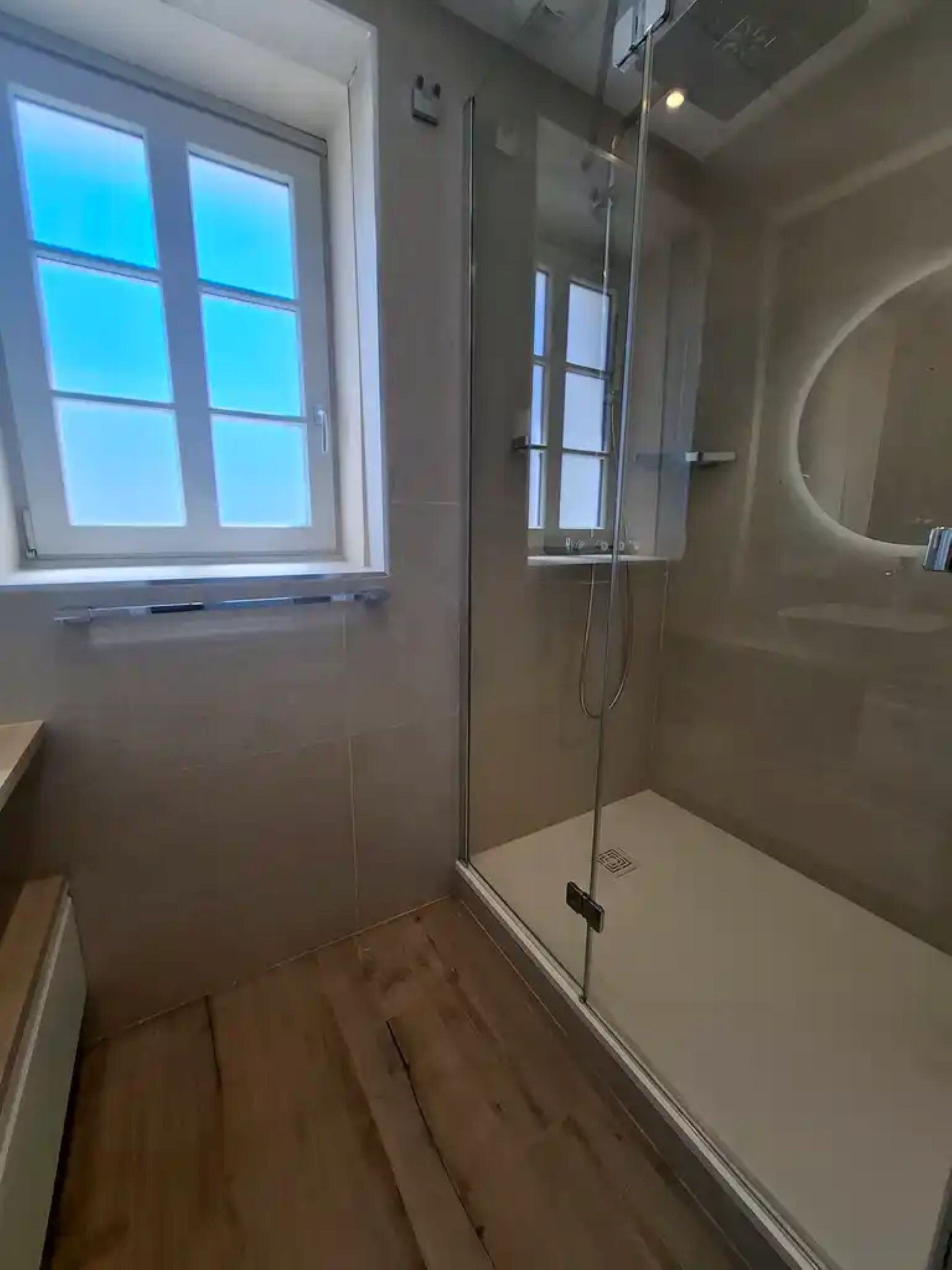 With a walk-in shower