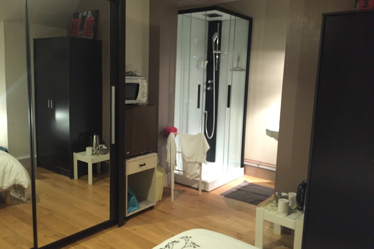 douche et lavabo dans l'alcôve de la chambre