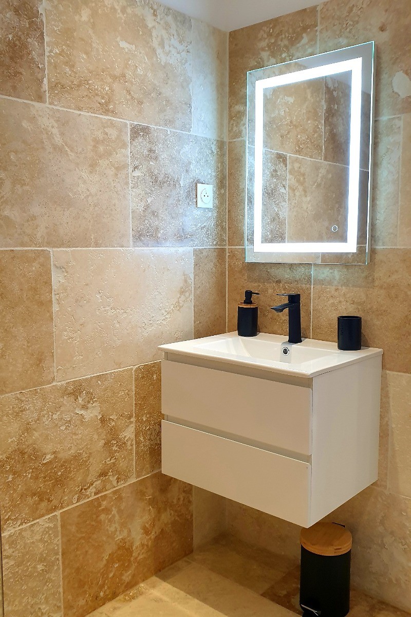 Salle d'eau avec miroir et vasque