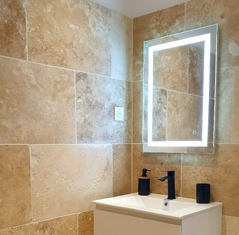 Salle d'eau avec miroir et vasque