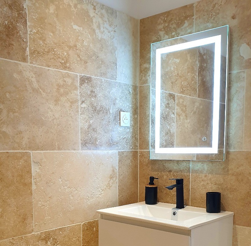 Salle d'eau avec miroir et vasque