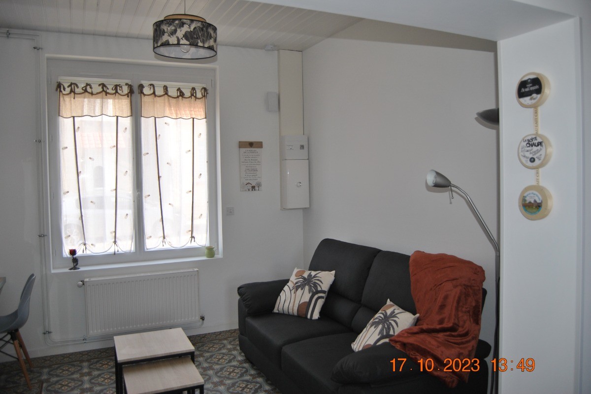 Salon avec son canapé confortable,  un plaid et deux coussins. Équipe d'un détecteur de fumée pour votre sécurité.(Appartement L'entre 2 Caps)