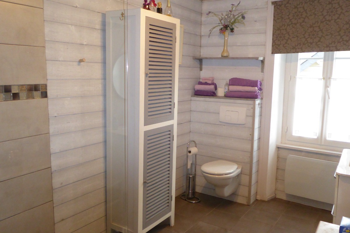 Spacious shower room with walk-in shower, vanity unit and wall-hung WC. M. COUPLIERE