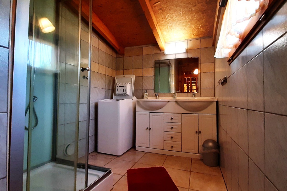 Salle d'eau au rez-de-chaussée : douche, vasques, lave-linge, ...