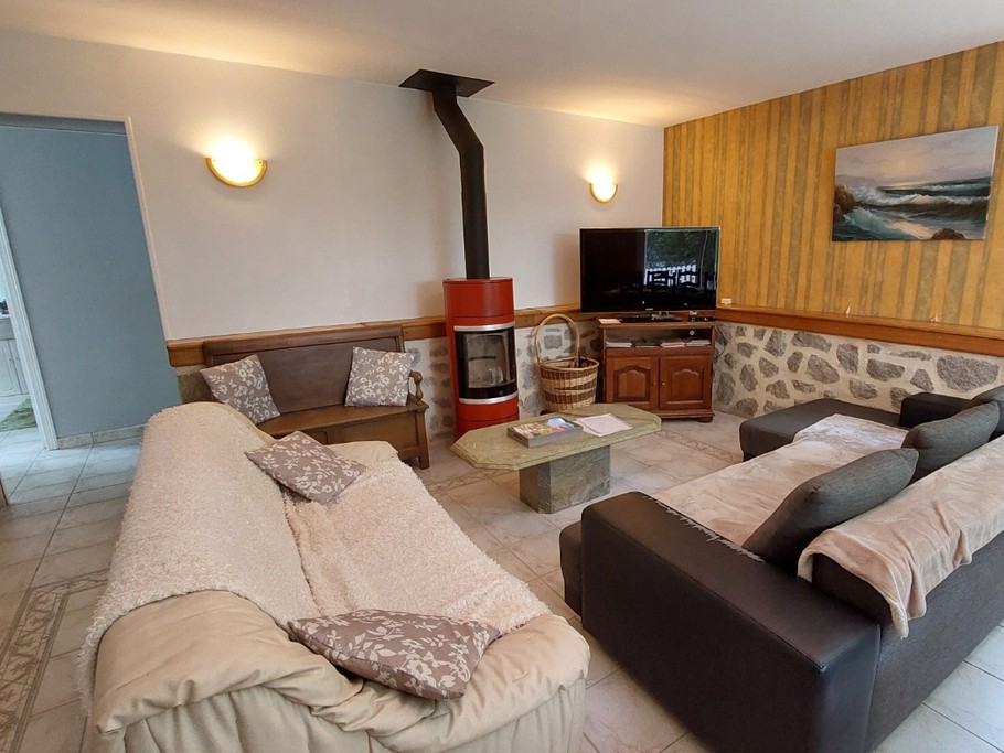 Salon chaleureux avec poêle à bois, parfait pour des soirées cosy au bord du lac