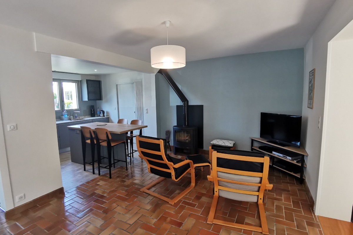 Salon avec TV et poele